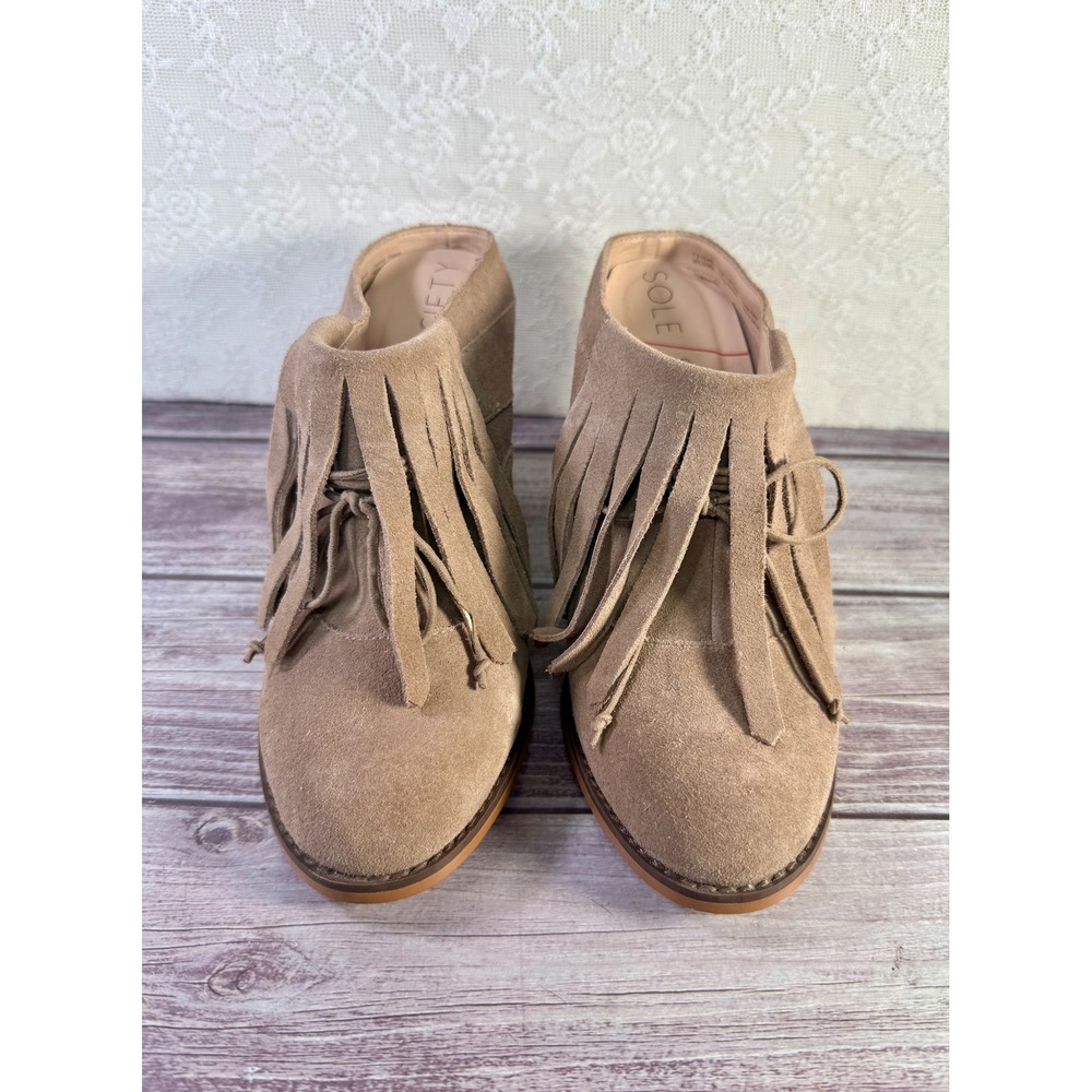 Sole Society Wilshire Taupe Cow Suede Fringe Block Heel Mule Booties Womens 7.5 - Picture 12 of 17